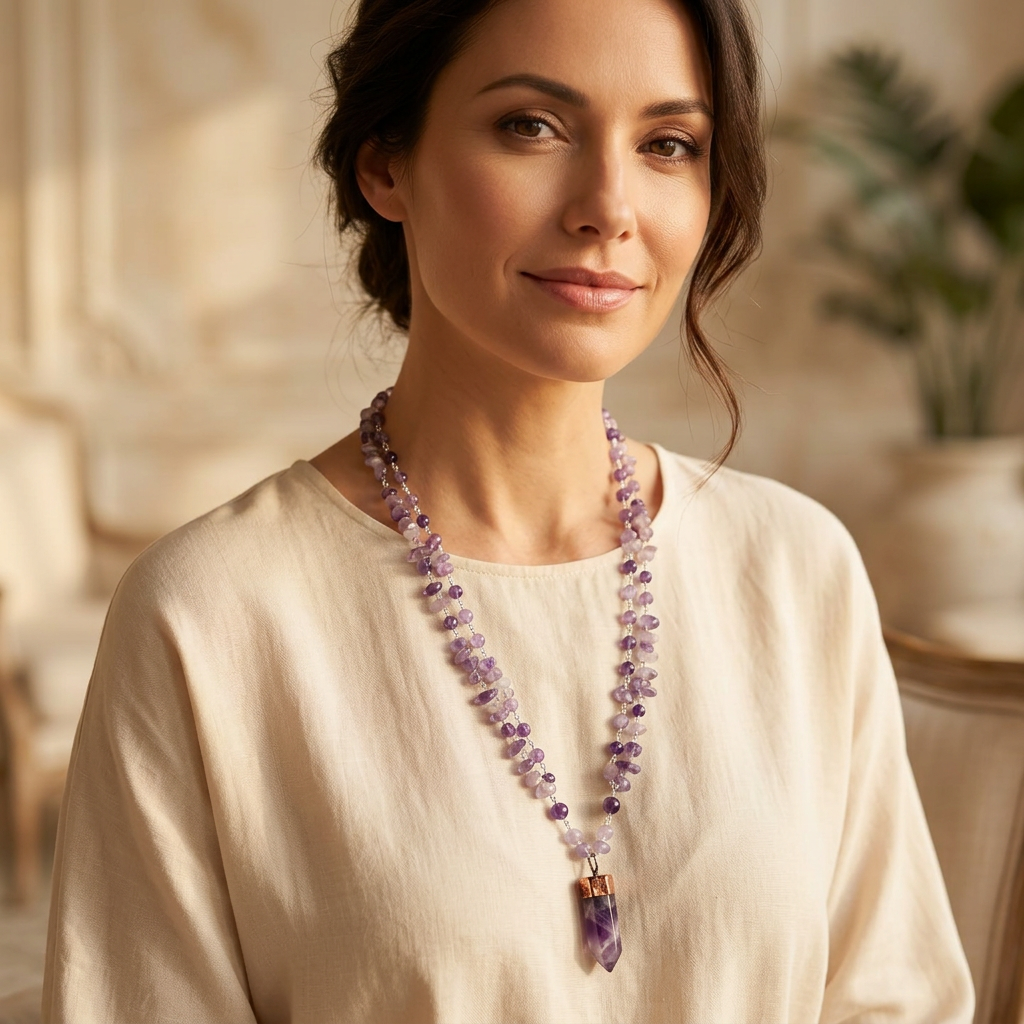Amethyst Layered Necklace with Crystal Point Pendant