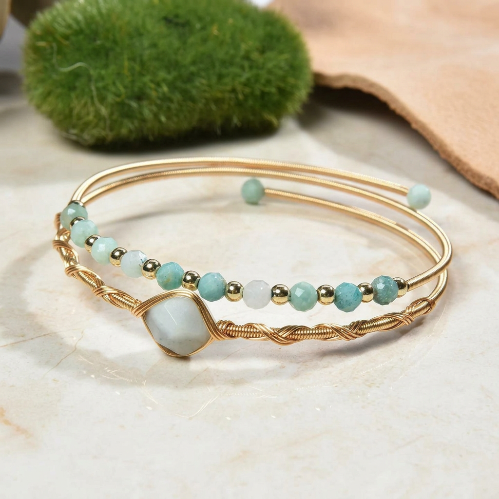 Wire Wrapped Looped Peruvian Amazonite Bracelet
