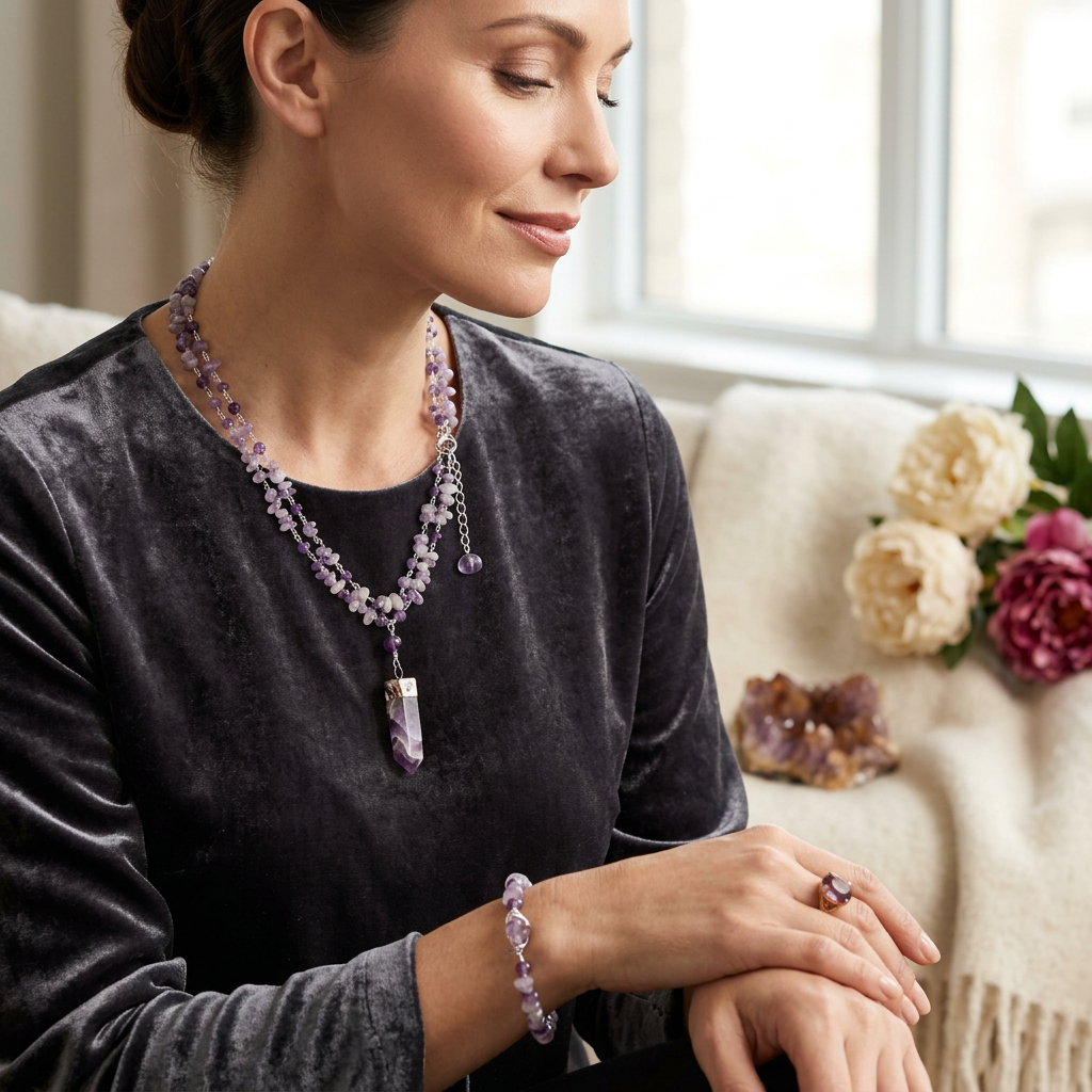 Amethyst Layered Necklace with Crystal Point Pendant