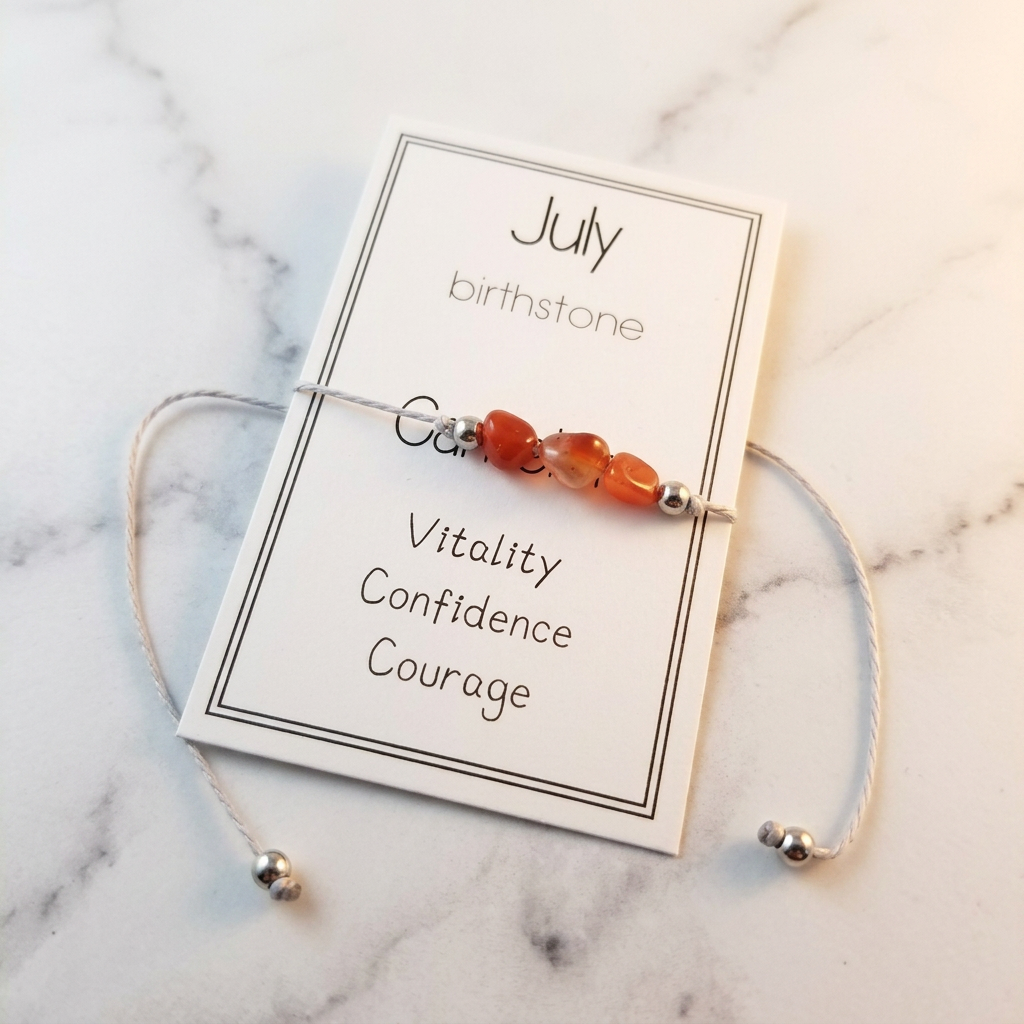 July birthstone bracelet with carnelian red-orange gemstones